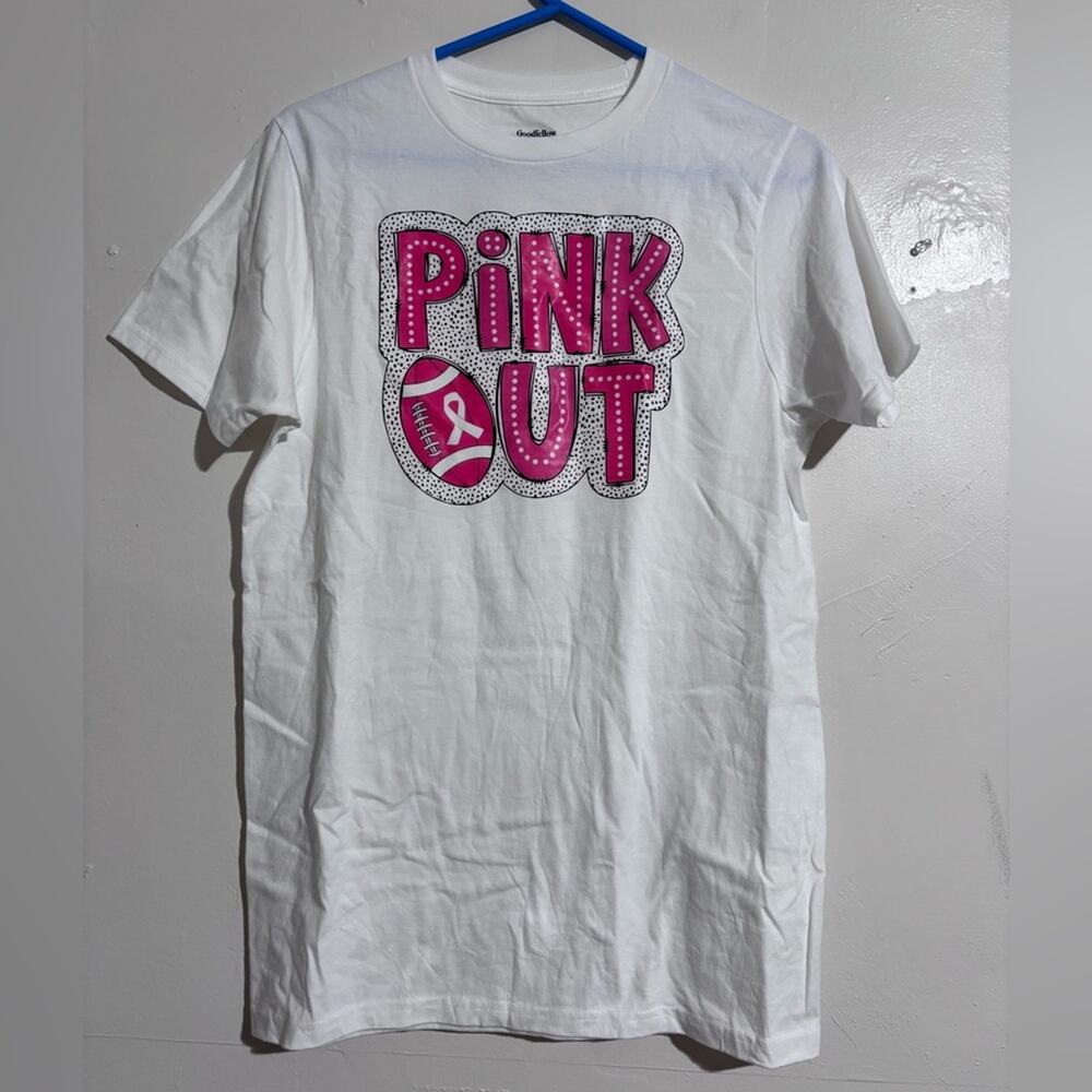 White T-Shirt with Pink Out breast cancer awareness Graphic handmade unisex sm